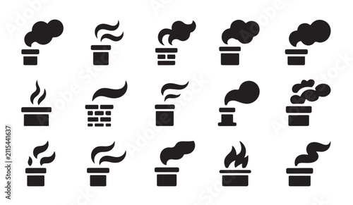 Konstfotografi Set of chimney smoke icons on white background, various types of chimneys with smoke coming out