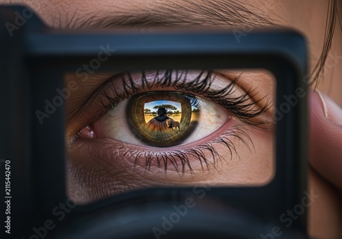 Close-up of human eye looking through camera viewfinder with reflection of safari landscape and lion in the iris