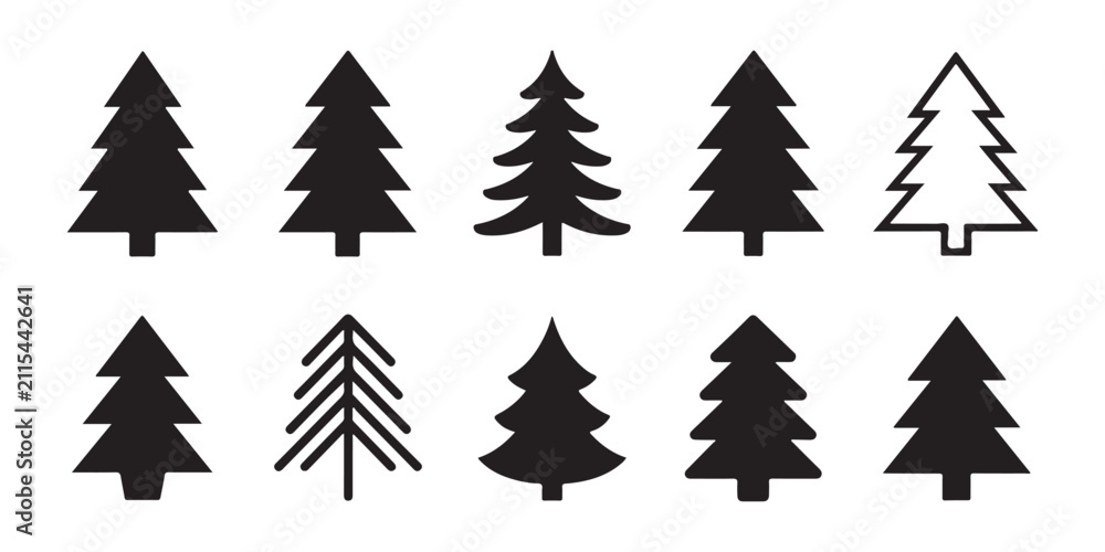Obraz premium Collection of spruce tree silhouettes with different needle densities and sharp geometric pine forms.