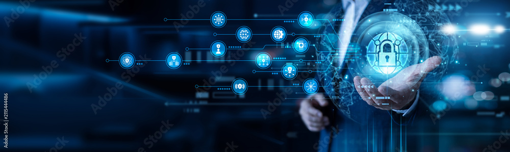 Fotografie Analyst hand holding NETWORK SECURITY network firewalls
