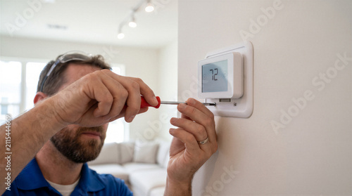 Professional hvac technician installing or repairing a smart thermostat on a wall in a modern home interior