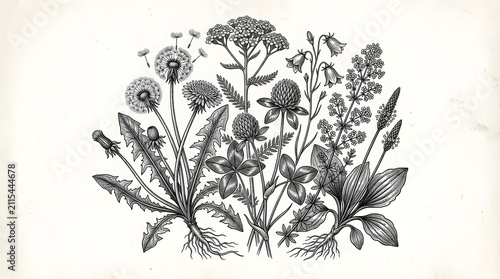 Wildflower botanical illustration with detailed hand drawn line art