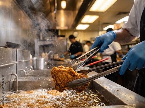 Professional chef frying crispy chicken in commercial kitchen fryer.