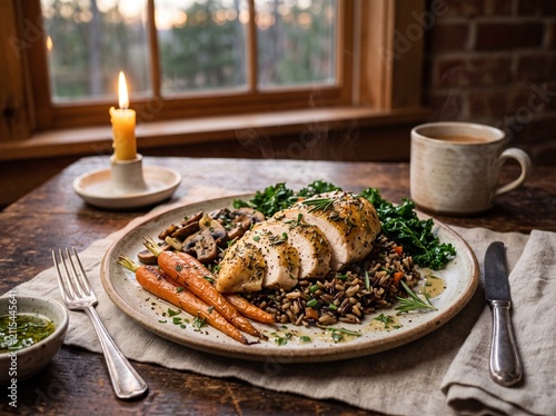 Roasted chicken with wild rice, carrots, and mushrooms on rustic table.