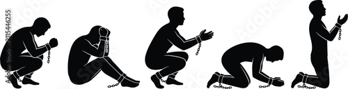 Man in chains, prisoner silhouette, captive person in shackles, suffering soul, bondage concept, criminal punishment, restricted freedom, sadness, jail