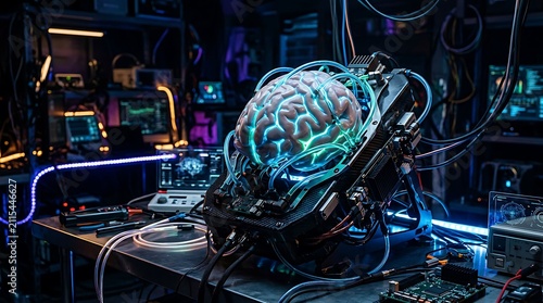 Futuristic holographic globe in cyberpunk lab.