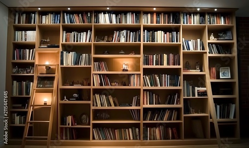 Large built-in bookshelf with many books and decorative items, ladder for access.