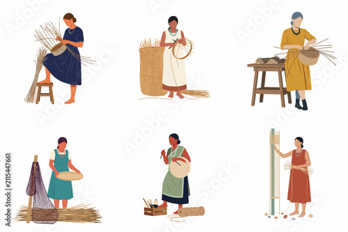 Collection of diverse indigenous women practicing traditional crafts such as basket weaving and textile making, rendered in a modern flat vector illustration style.