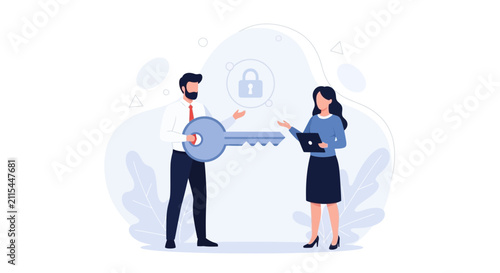 Business people exchanging a key, representing access, security, and solutions in a modern flat design.