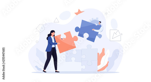 Business people connecting puzzle pieces, symbolizing teamwork, strategy, and problem-solving in a modern flat illustration.