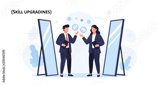 Business People Looking in Mirrors Reflecting Self-Improvement and Skill Upgrades Concept