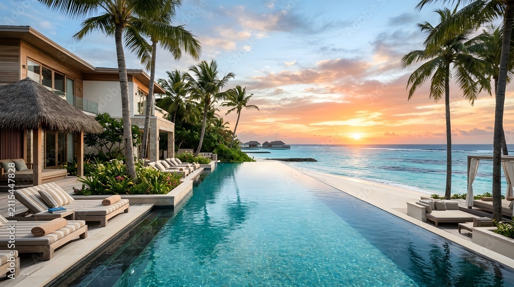 Fototapeta premium Luxury Tropical Resort Infinity Pool Overlooking Ocean Sunset.
