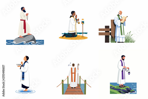 Bild auf Leinwand Collection of religious ministers and priests in clerical robes performing spiritual rituals, prayers, and meditations in various natural outdoor settings, vector illustration
