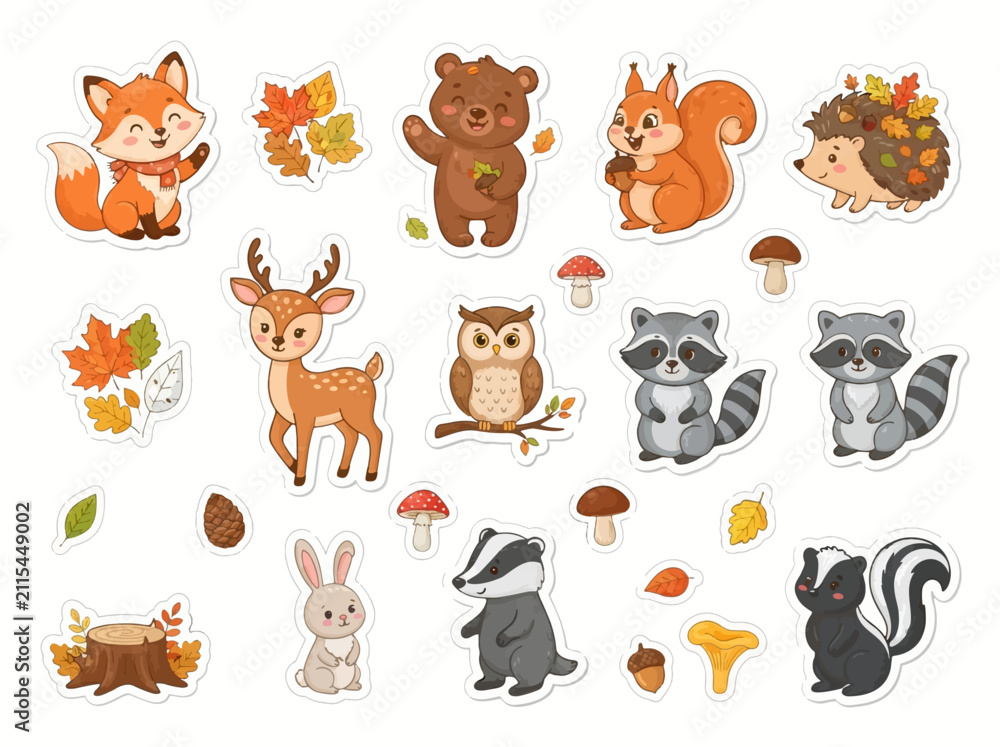 Fototapeta premium Cute woodland animal sticker set. Forest creatures vector illustration for kids design.