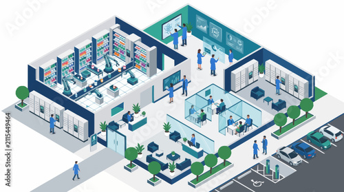 Quadro su tela Modern office building isometric illustration with workers and greenery