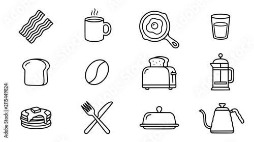 Fotografie Breakfast Food Icons: Bacon, Coffee, Eggs, Toast, Pancakes, French Press, Kettle