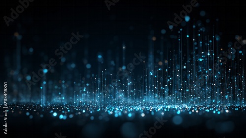 Glowing blue particles rise and fall in a dark, abstract digital space.