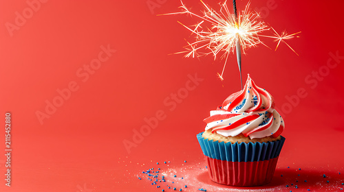 Patriotic American Cupcake With Sparkler And Large Copy Space For Independence Day Holiday Sale Background