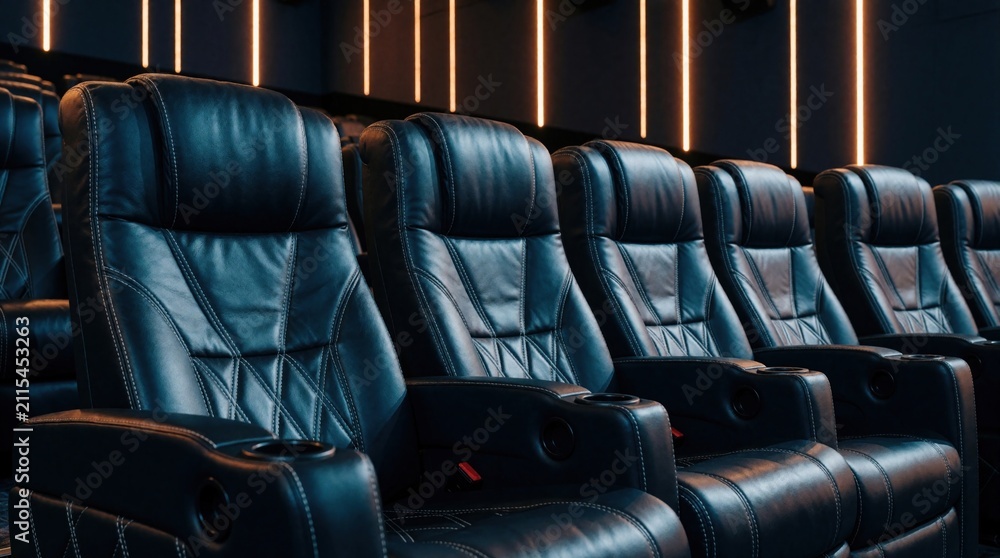 Obraz premium Modern cinema auditorium features rows of comfortable dark leather chairs. Premium recliner seats with armrests offer luxury viewing experience for movies. Stylish indoor lighting creates elegant