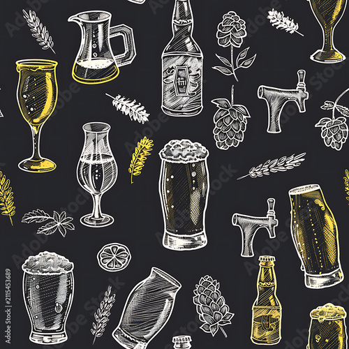 Hand Drawn Chalk Beer And Hops Seamless Pattern On Blackboard For Craft Brewery Menu Packaging Design