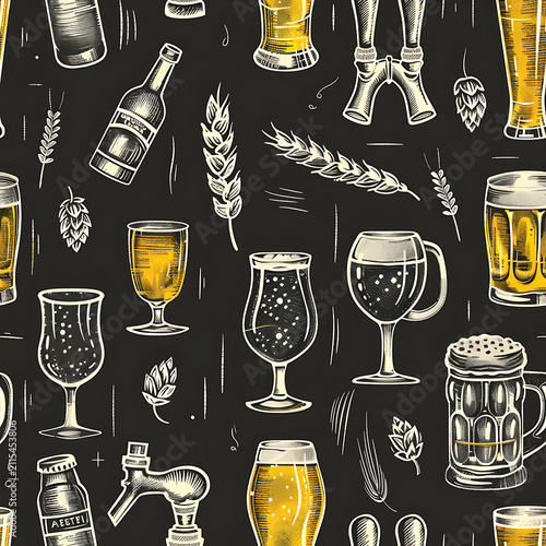 Vintage Chalkboard Beer Glasses And Hops Seamless Pattern For Oktoberfest Pub Menu Wrapping Commercial Use
