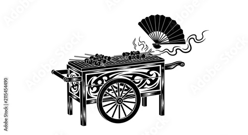 Traditional Asian street food grill cart with meat skewers and manual folding fan in black and white woodcut style illustration