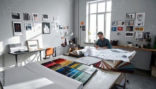Focused interior designer working on project plans in modern creative studio with color swatches and mood boards
