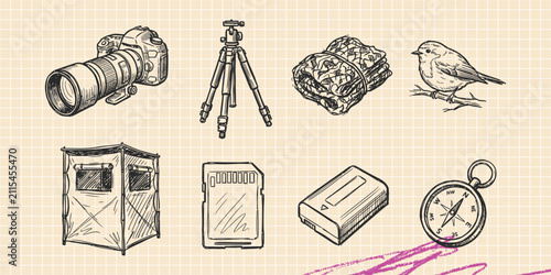 Hand drawn vintage black ink scribble doodle vector set of photography camera and photo studio icons for creative graphic design