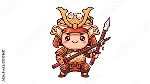 Cute Samurai Warrior Holding Spear and Sword with Ramen Bowl on Head