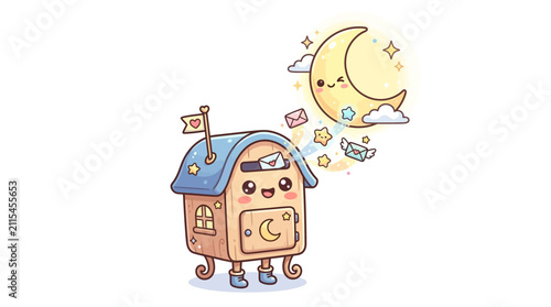 Cute Mailbox Sending Letters to Smiling Moon