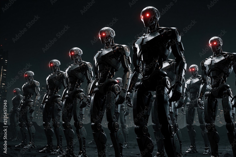 Obraz premium Group of black mechanical robots stand in line at night. Cyborg soldiers with glowing red eyes monitor dark urban background. Futuristic army machines prepare for battle. Artificial intelligence