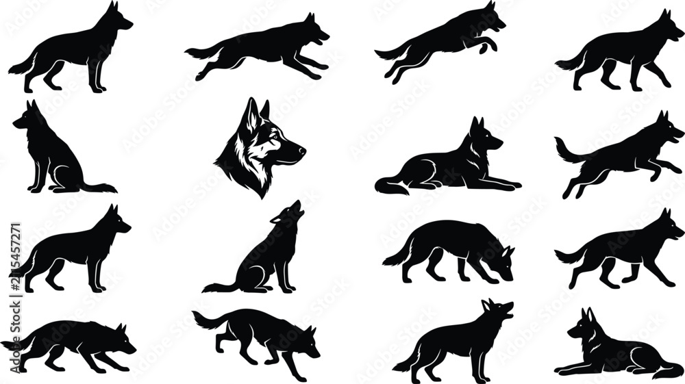 Fototapeta premium Set of black silhouettes of german shepherd dogs in different poses and actions
