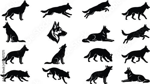 Bild auf Leinwand Set of black silhouettes of german shepherd dogs in different poses and actions