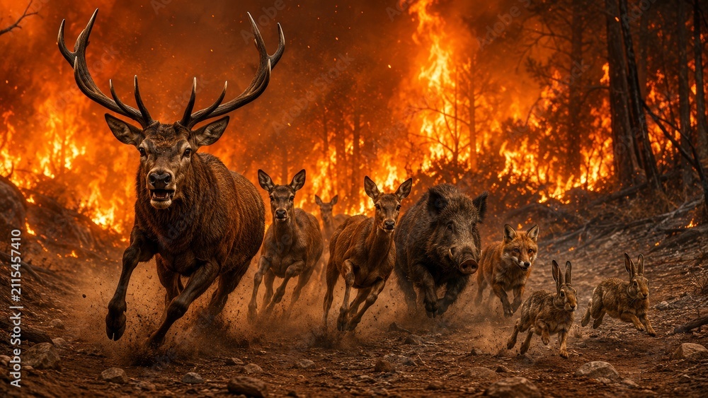 Fototapeta premium Wild Animals Fleeing a Raging Forest Fire