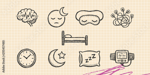 Hand drawn vintage black ink scribble doodle vector set of sleep bed moon and dreams icons for creative graphic design
