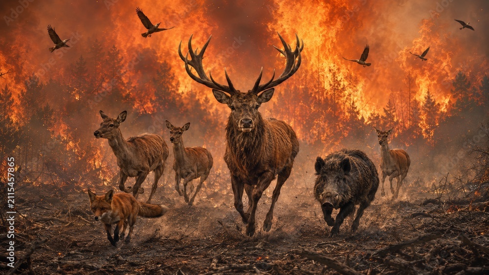 Fototapeta premium Wild Animals Fleeing a Raging Forest Fire