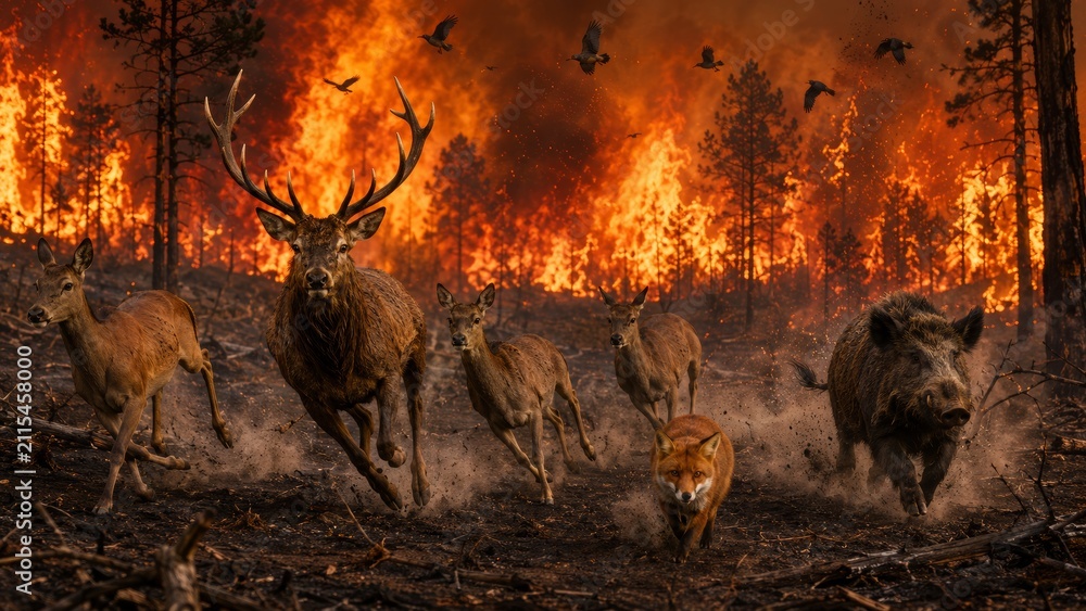 Fototapeta premium Wild Animals Fleeing a Raging Forest Fire