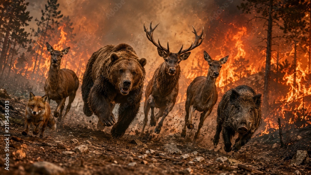 Fototapeta premium Wild Animals Fleeing a Raging Forest Fire