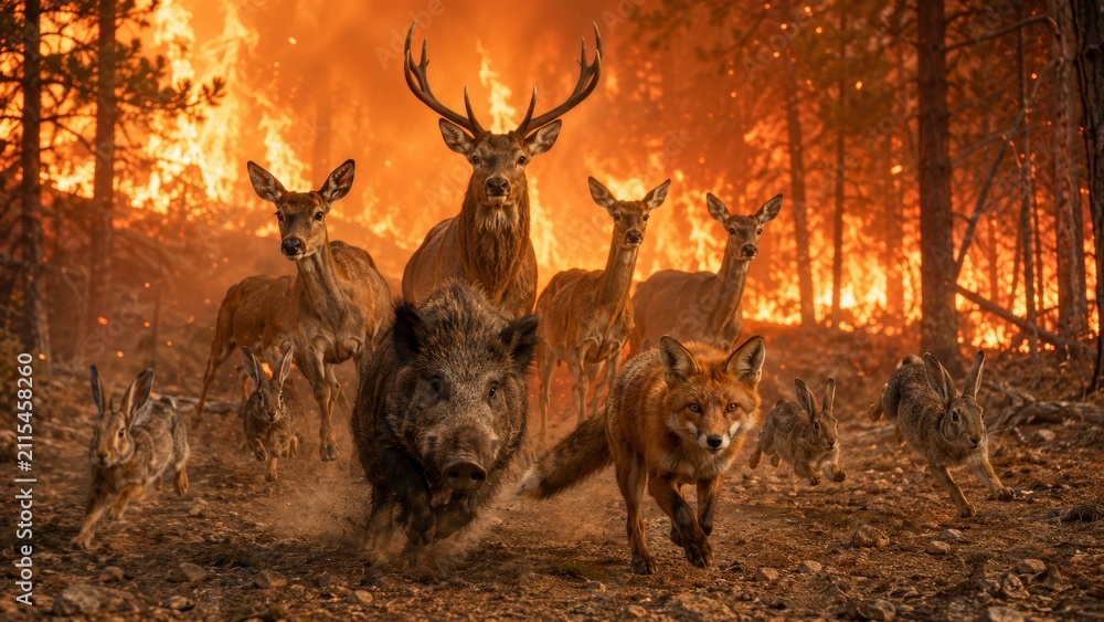 Fototapeta premium Wild Animals Fleeing a Raging Forest Fire