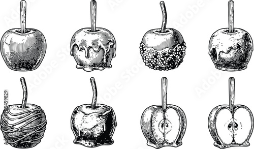 Set of vintage engraved candy apples for halloween rendered in a classic etching style with intricate detail