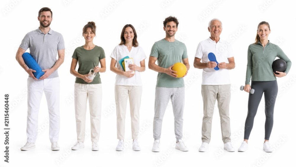 Obraz premium Multidisciplinary Rehabilitation Team Holding Therapy Equipment on White Background