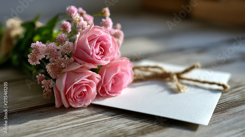 Pink roses bouquet and closed letter envelope tied with twine on wooden background