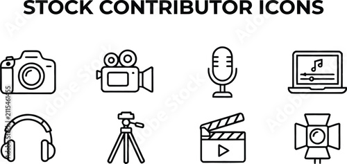Bild auf Leinwand Stock contributor photography video audio creator icon set outline flat vector c