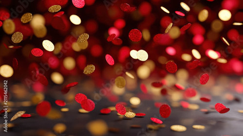 Red and gold confetti falling, creating a festive atmosphere. The background is blurred, focusing on the scattered pieces of celebration