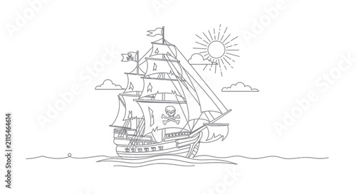 Принти на полотні Pirate Ship Sailing on Ocean under Sunny Sky with Skull Flag - Line Art