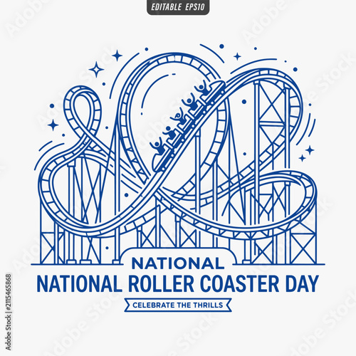 The flat design for a National Roller Coaster Day poster focuses on simplicity, elegance, and ease of recognition. Vector Illustration