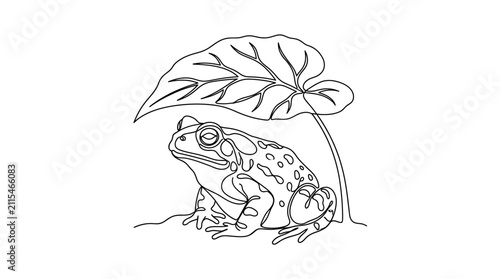 Cuadro en lienzo A line art drawing of a toad sitting under a large leaf.