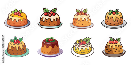 Set of delicious christmas pudding cakes decorated with holly berries and icing on small round plates