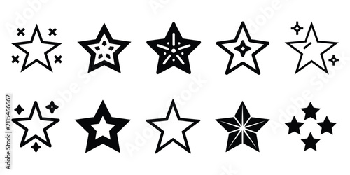 Set of ten different black star icons for design projects showing various shapes and creative styles