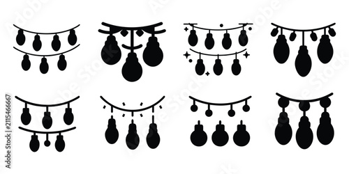 Set of black hanging light bulb string icons for party decoration and festive holiday celebration design